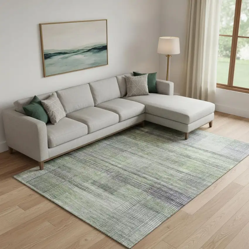 Artichoke Green And Gray Striped Washable Area Rug With UV Protection Photo 3