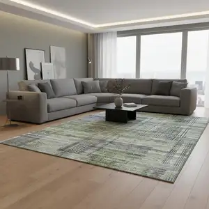 Photo of Artichoke Green And Gray Striped Washable Area Rug With UV Protection