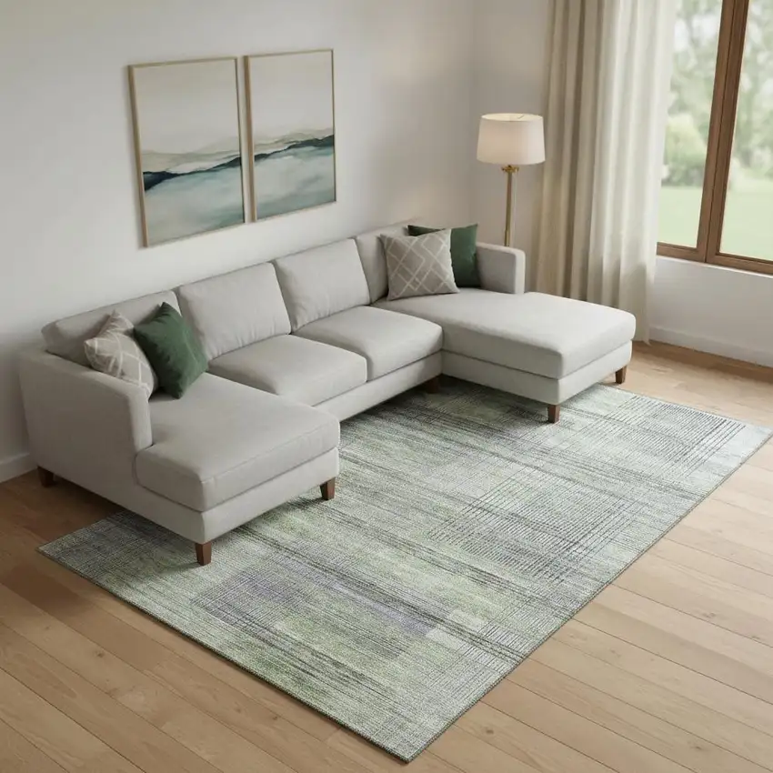 Artichoke Green And Gray Striped Washable Area Rug With UV Protection Photo 1