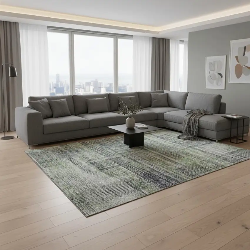 Artichoke Green And Gray Striped Washable Area Rug With UV Protection Photo 2