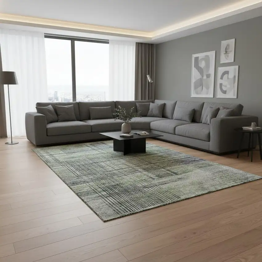 Artichoke Green And Gray Striped Washable Area Rug With UV Protection Photo 2