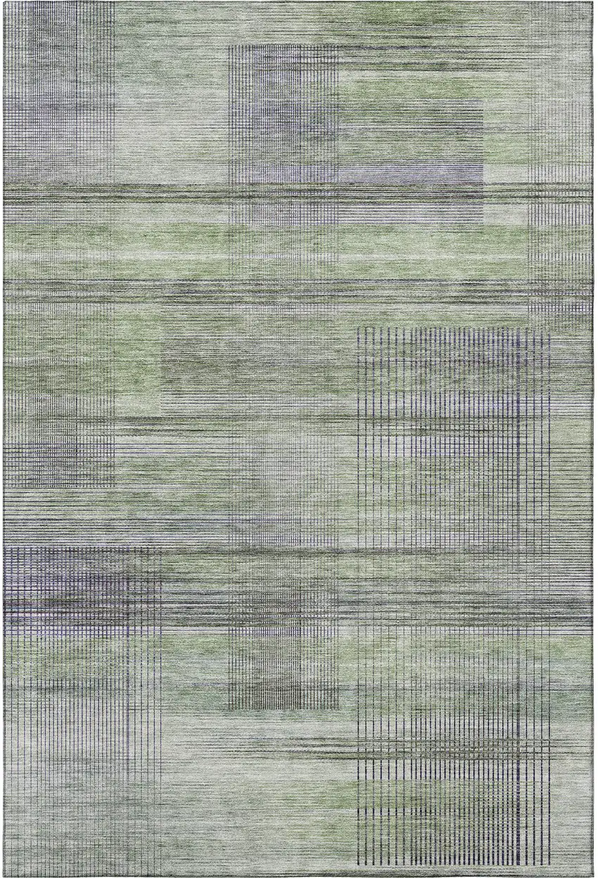 Artichoke Green And Gray Striped Washable Area Rug With UV Protection Photo 4