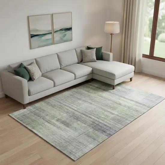 Artichoke Green And Gray Striped Washable Area Rug With UV Protection Photo 1