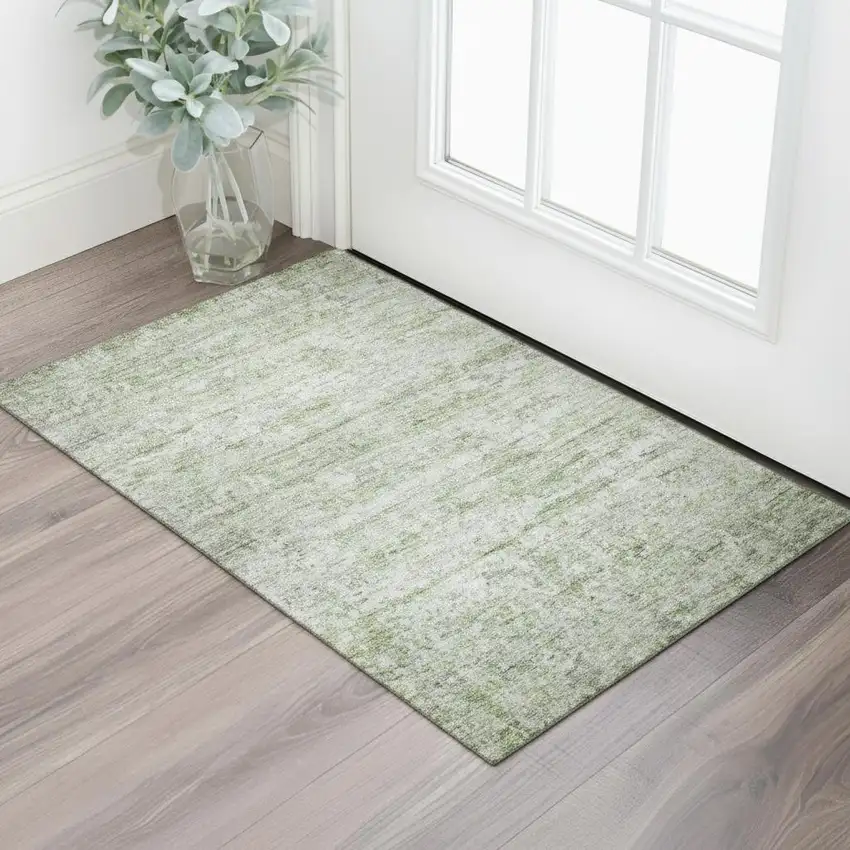 Artichoke Green And Gray Striped Washable Area Rug With UV Protection Photo 2