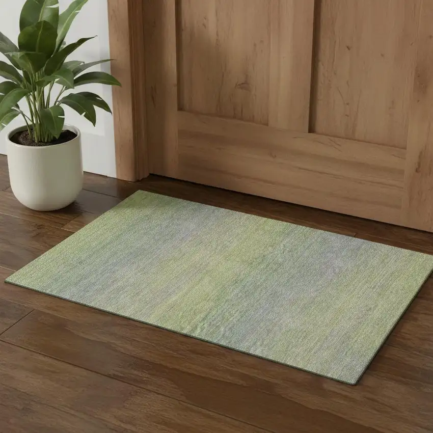 Artichoke Green And Gray Striped Washable Area Rug With UV Protection Photo 1