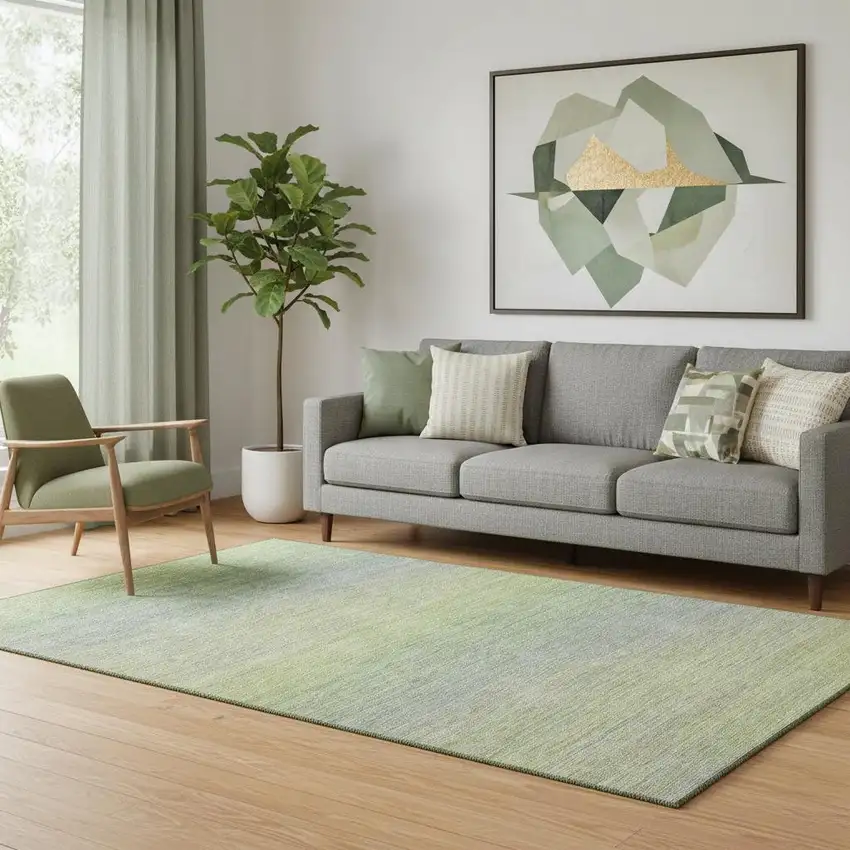 Artichoke Green And Gray Striped Washable Area Rug With UV Protection Photo 2