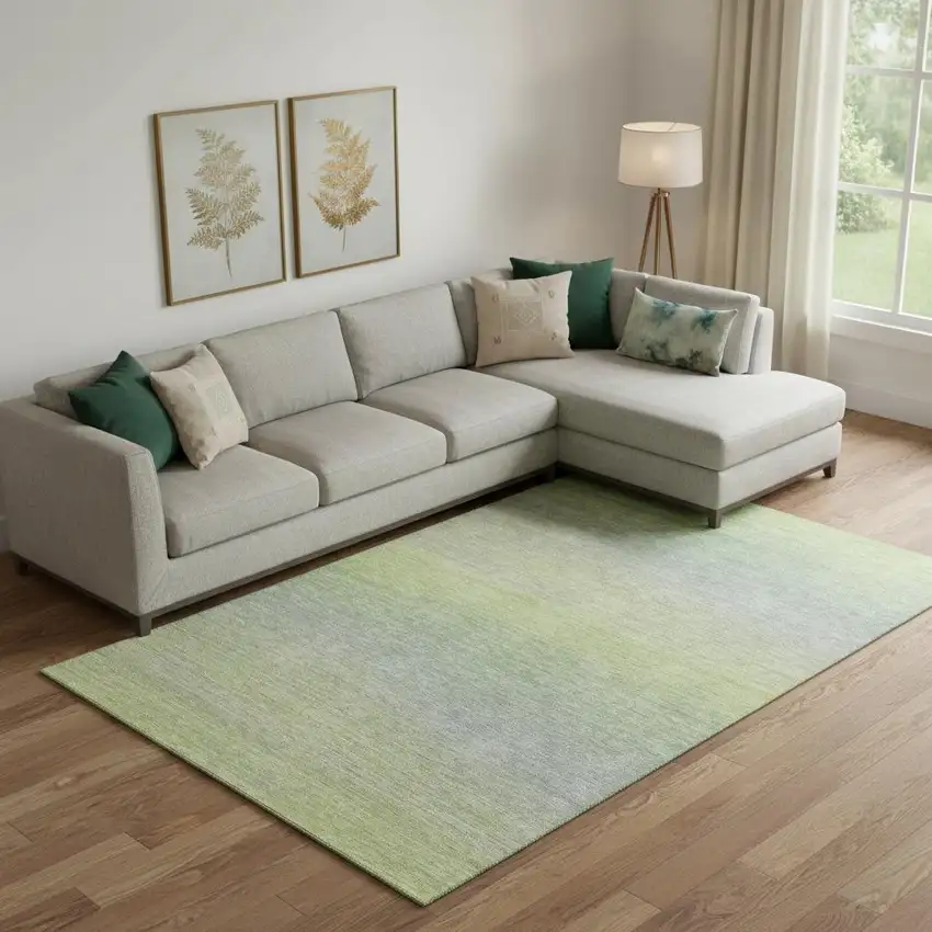 Artichoke Green And Gray Striped Washable Area Rug With UV Protection Photo 2