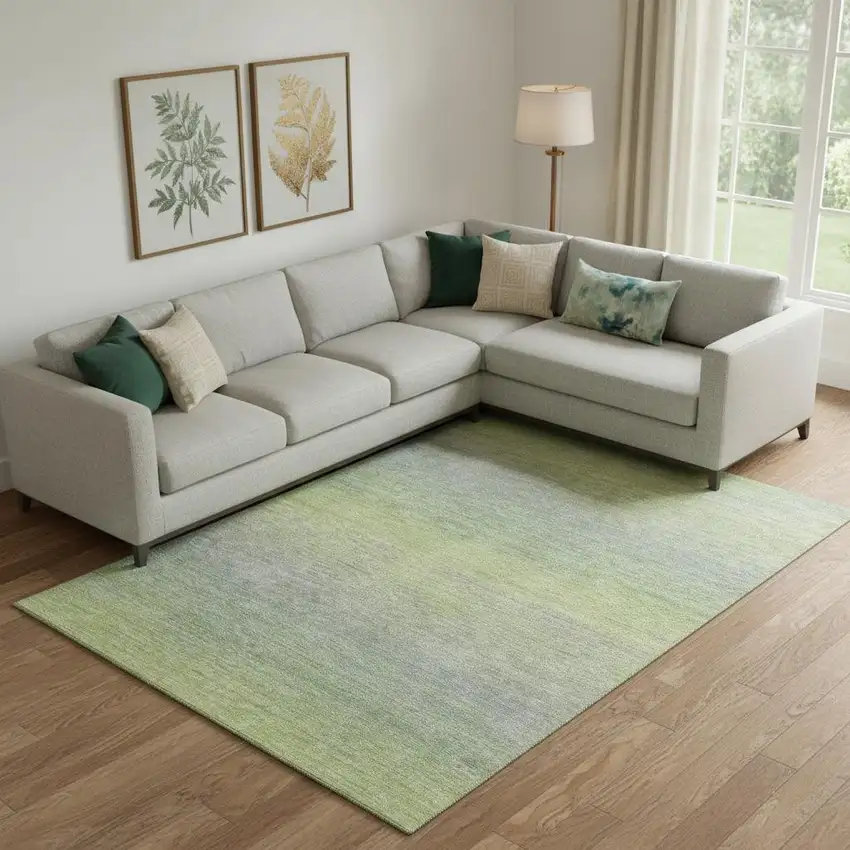 Artichoke Green And Gray Striped Washable Area Rug With UV Protection Photo 2