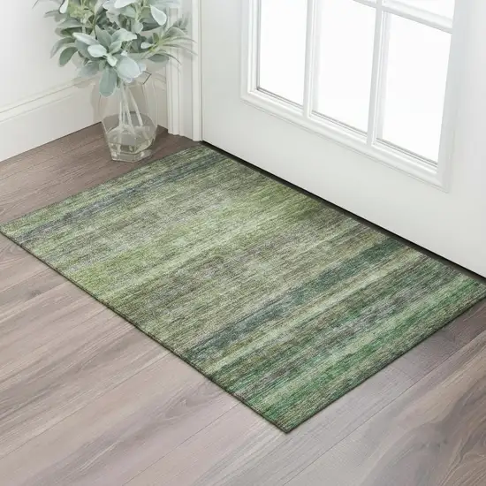 Artichoke Green And Gray Striped Washable Area Rug With UV Protection Photo 2