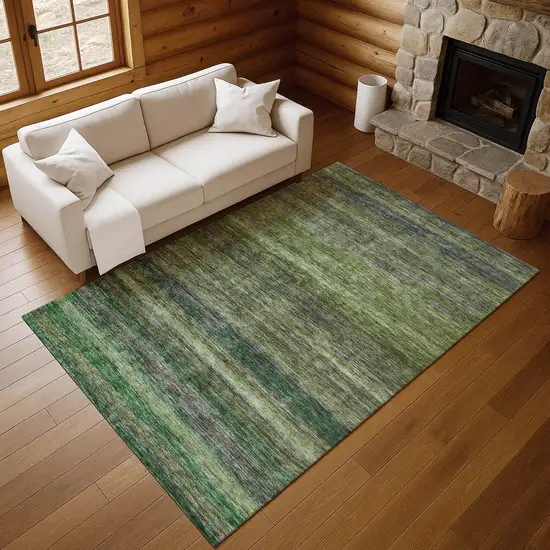 Artichoke Green And Gray Striped Washable Area Rug With UV Protection Photo 5