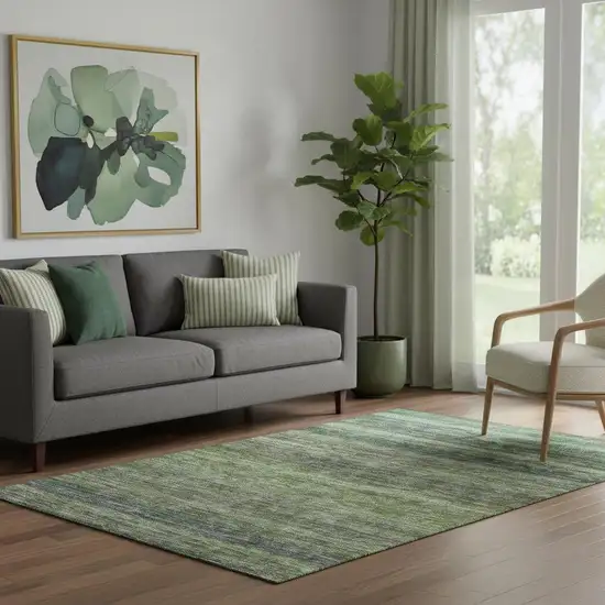 Artichoke Green And Gray Striped Washable Area Rug With UV Protection Photo 2