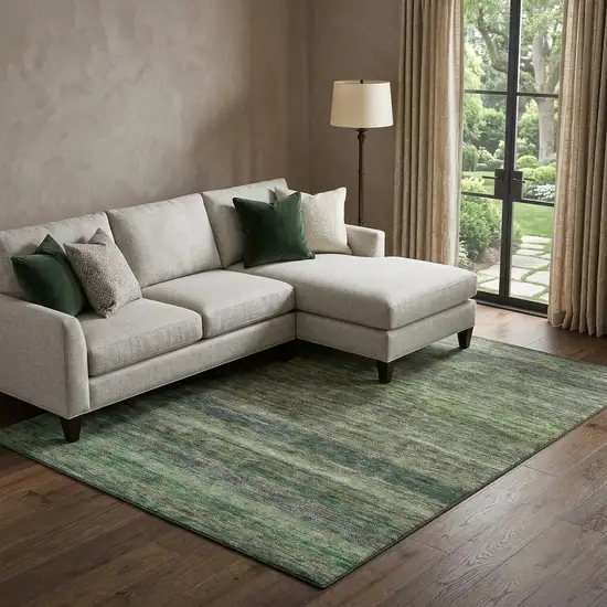 Artichoke Green And Gray Striped Washable Area Rug With UV Protection Photo 1