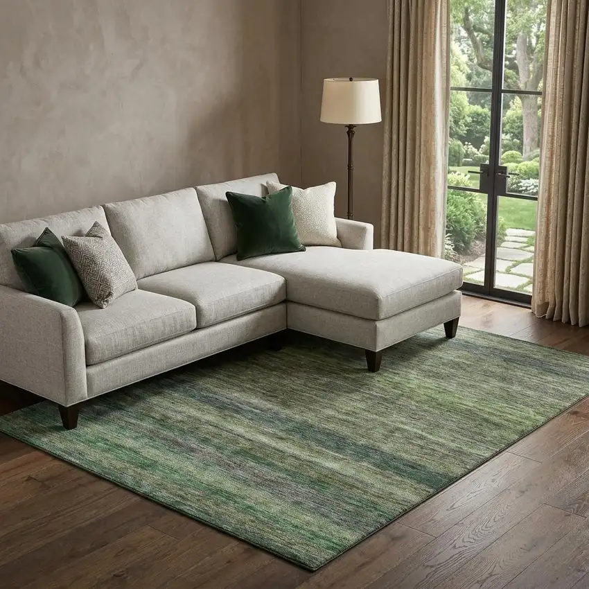 Artichoke Green And Gray Striped Washable Area Rug With UV Protection Photo 1