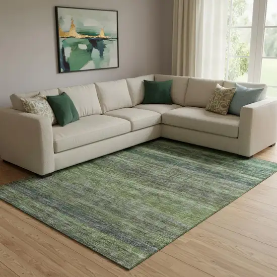 Artichoke Green And Gray Striped Washable Area Rug With UV Protection Photo 2