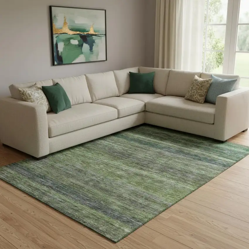 Artichoke Green And Gray Striped Washable Area Rug With UV Protection Photo 2