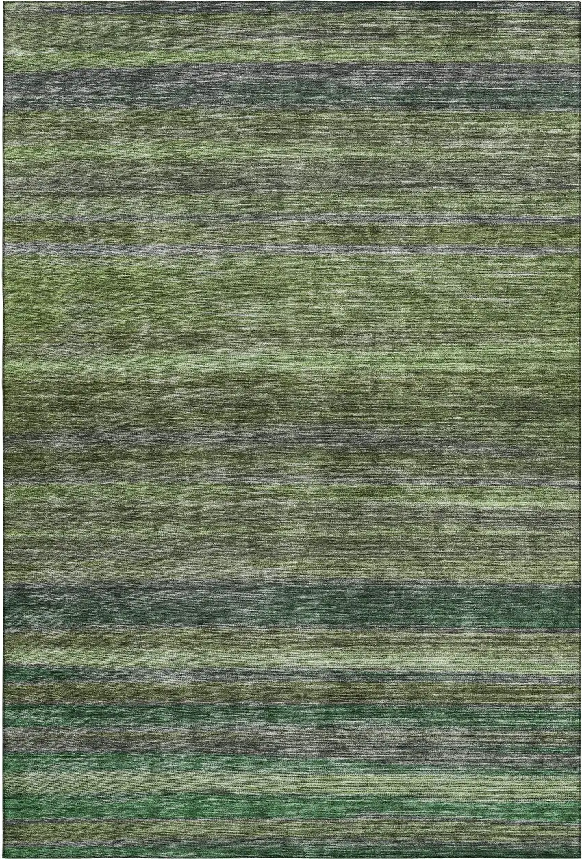 Artichoke Green And Gray Striped Washable Area Rug With UV Protection Photo 1