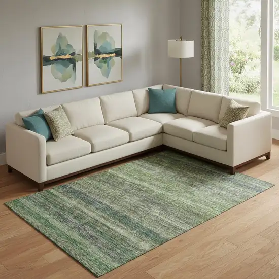 Artichoke Green And Gray Striped Washable Area Rug With UV Protection Photo 2