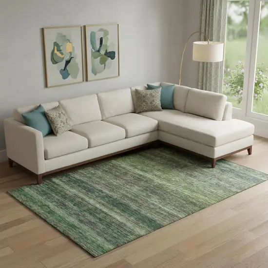 Artichoke Green And Gray Striped Washable Area Rug With UV Protection Photo 2