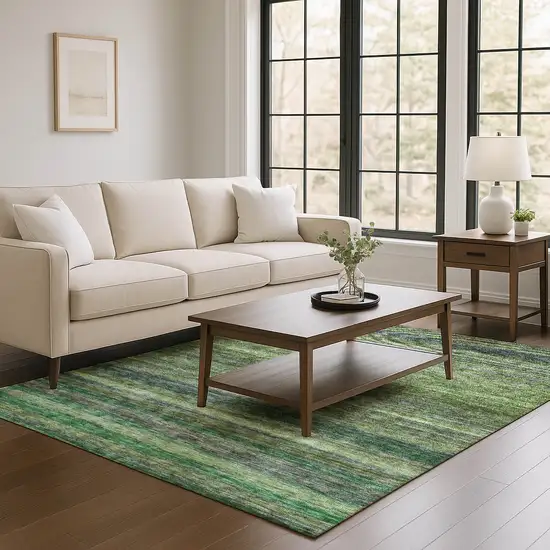 Artichoke Green And Gray Striped Washable Area Rug With UV Protection Photo 4