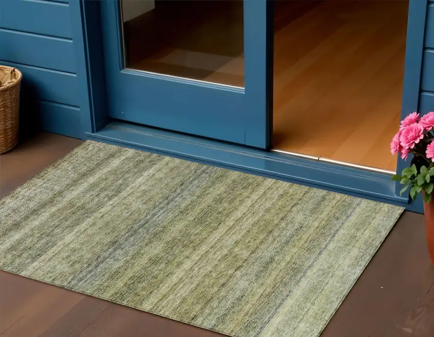 Artichoke Green And Gray Striped Washable Indoor Outdoor Area Rug Photo 1