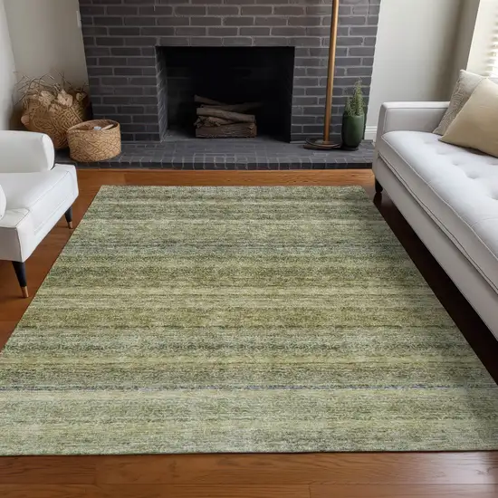 Artichoke Green And Gray Striped Washable Indoor Outdoor Area Rug Photo 9
