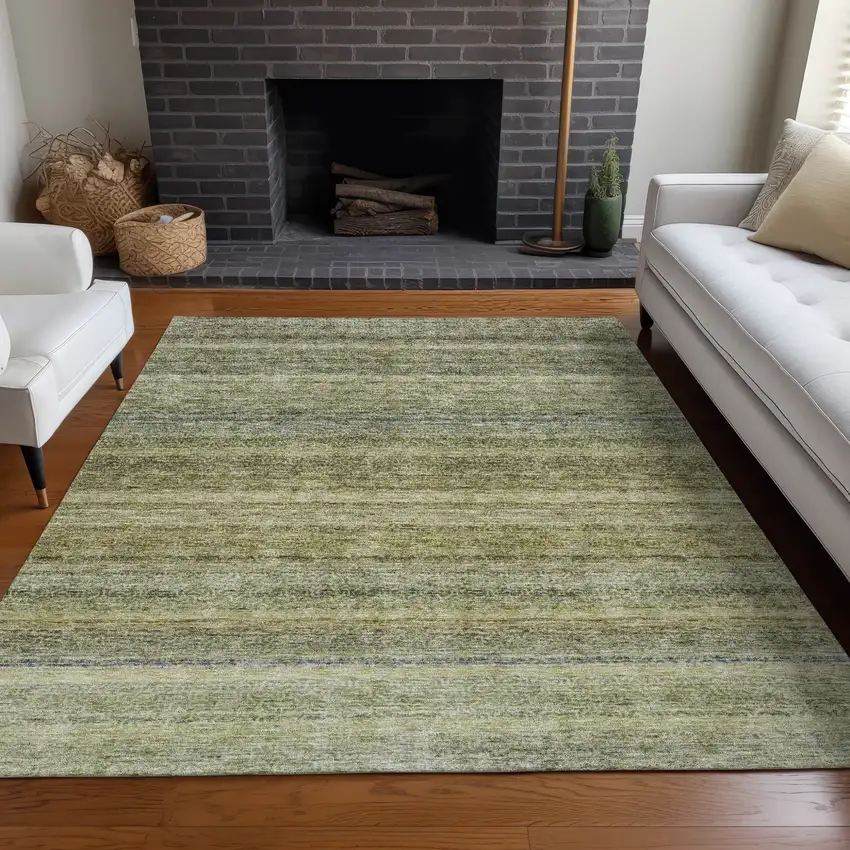 Artichoke Green And Gray Striped Washable Indoor Outdoor Area Rug Photo 9