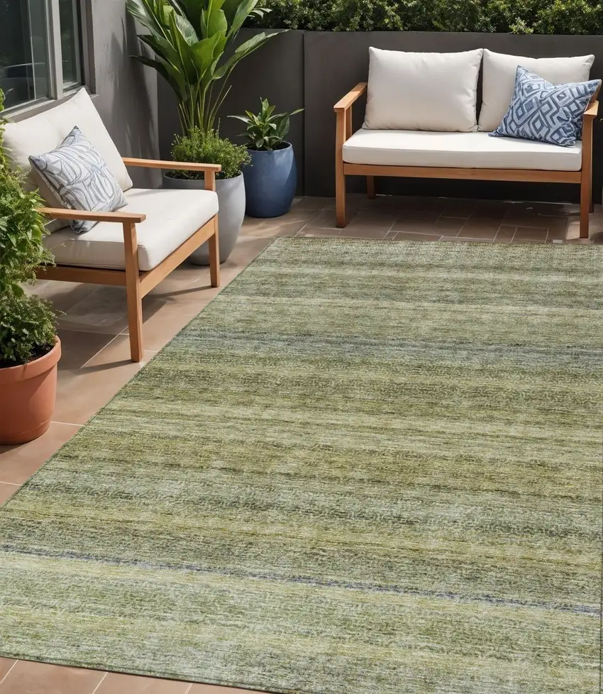 Artichoke Green And Gray Striped Washable Indoor Outdoor Area Rug Photo 1