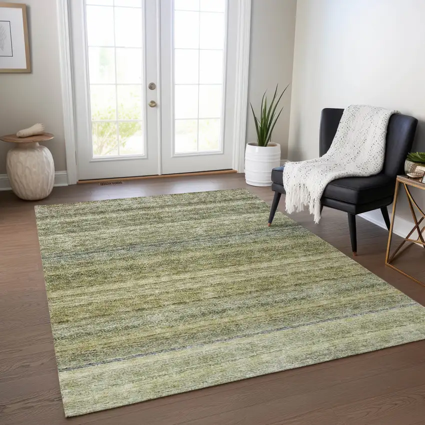 Artichoke Green And Gray Striped Washable Indoor Outdoor Area Rug Photo 9