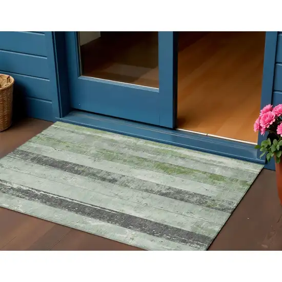 Artichoke Green And Gray Striped Washable Indoor Outdoor Area Rug Photo 2