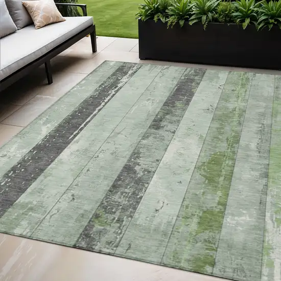 Artichoke Green And Gray Striped Washable Indoor Outdoor Area Rug Photo 2