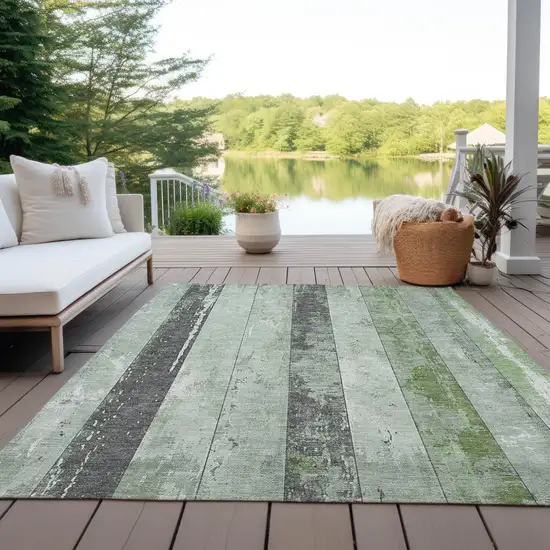 Artichoke Green And Gray Striped Washable Indoor Outdoor Area Rug Photo 5