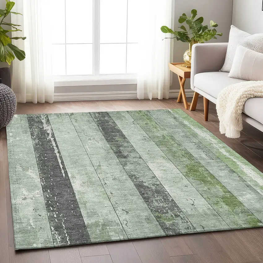 Artichoke Green And Gray Striped Washable Indoor Outdoor Area Rug Photo 6