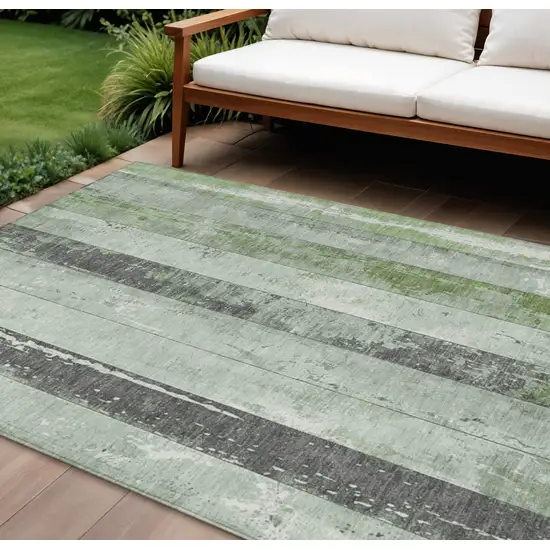 Artichoke Green And Gray Striped Washable Indoor Outdoor Area Rug Photo 2