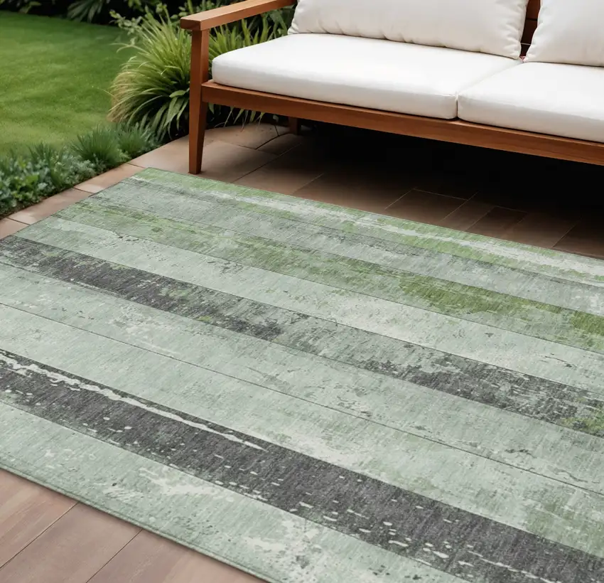 Artichoke Green And Gray Striped Washable Indoor Outdoor Area Rug Photo 2