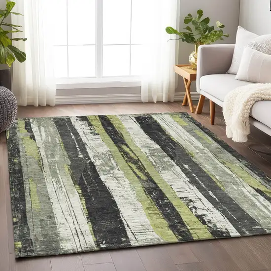 Artichoke Green And Gray Striped Washable Indoor Outdoor Area Rug Photo 6