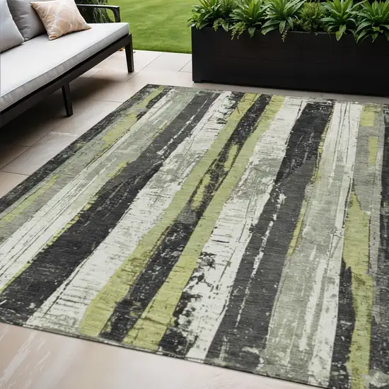 Artichoke Green And Gray Striped Washable Indoor Outdoor Area Rug Photo 2