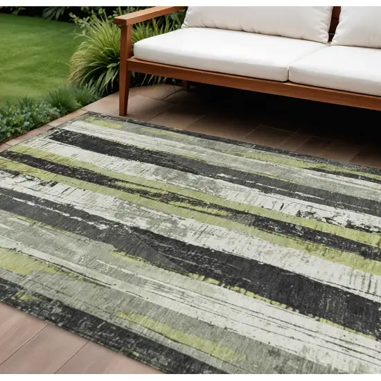 Artichoke Green And Gray Striped Washable Indoor Outdoor Area Rug Photo 2