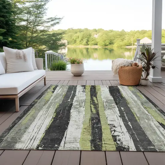Artichoke Green And Gray Striped Washable Indoor Outdoor Area Rug Photo 5