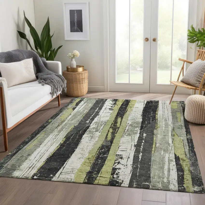 Artichoke Green And Gray Striped Washable Indoor Outdoor Area Rug Photo 6