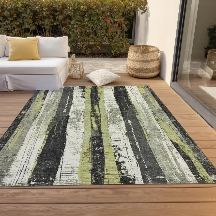 Artichoke Green And Gray Striped Washable Indoor Outdoor Area Rug Photo 7