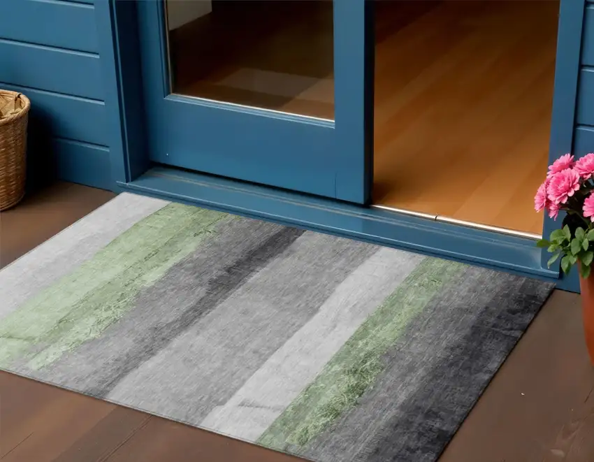 Artichoke Green And Gray Striped Washable Indoor Outdoor Area Rug Photo 2