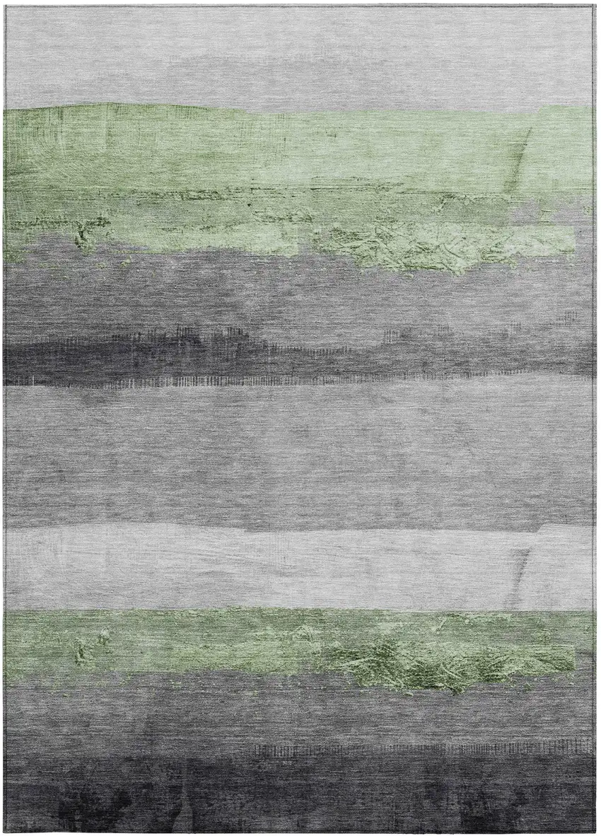 Artichoke Green And Gray Striped Washable Indoor Outdoor Area Rug Photo 1