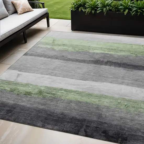 Artichoke Green And Gray Striped Washable Indoor Outdoor Area Rug Photo 2