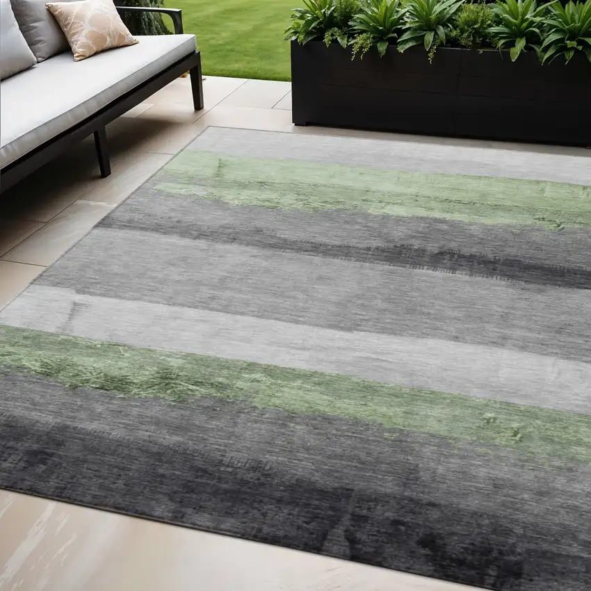 Artichoke Green And Gray Striped Washable Indoor Outdoor Area Rug Photo 2