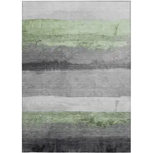 Photo of Artichoke Green And Gray Striped Washable Indoor Outdoor Area Rug