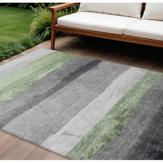 Artichoke Green And Gray Striped Washable Indoor Outdoor Area Rug Photo 2