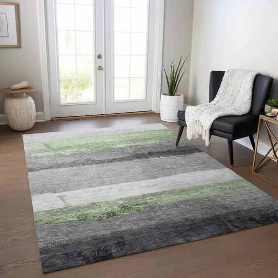 Artichoke Green And Gray Striped Washable Indoor Outdoor Area Rug Photo 5