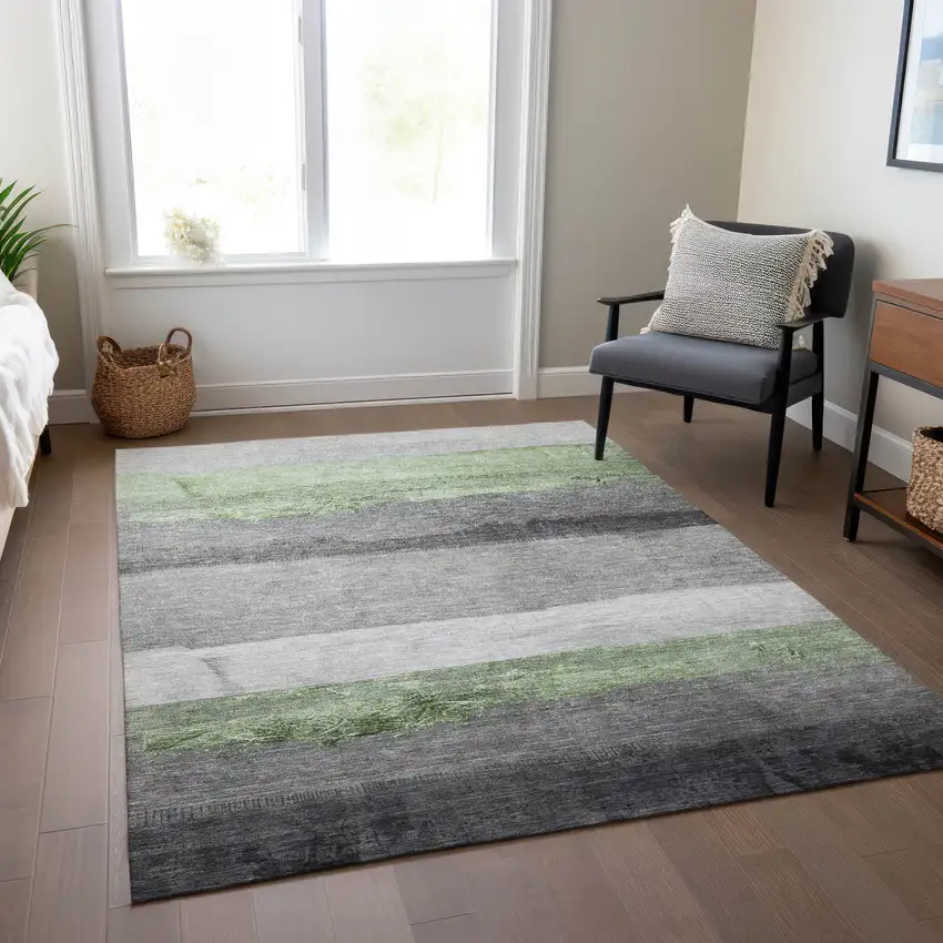 Artichoke Green And Gray Striped Washable Indoor Outdoor Area Rug Photo 6