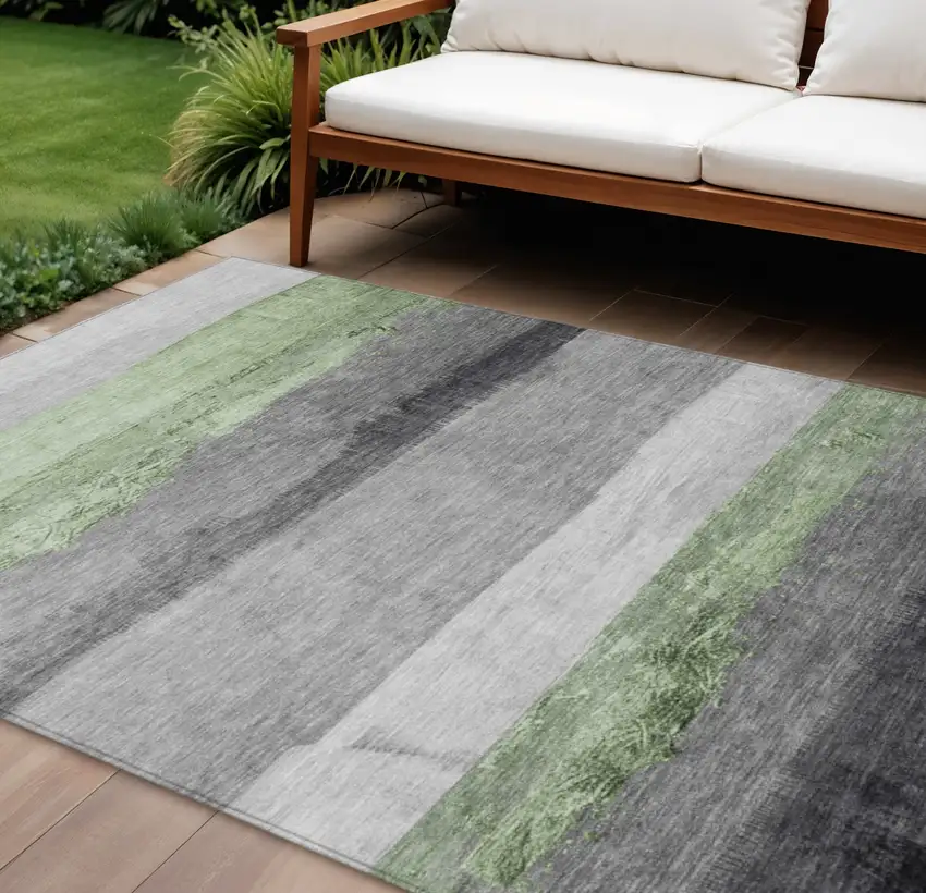 Artichoke Green And Gray Striped Washable Indoor Outdoor Area Rug Photo 2