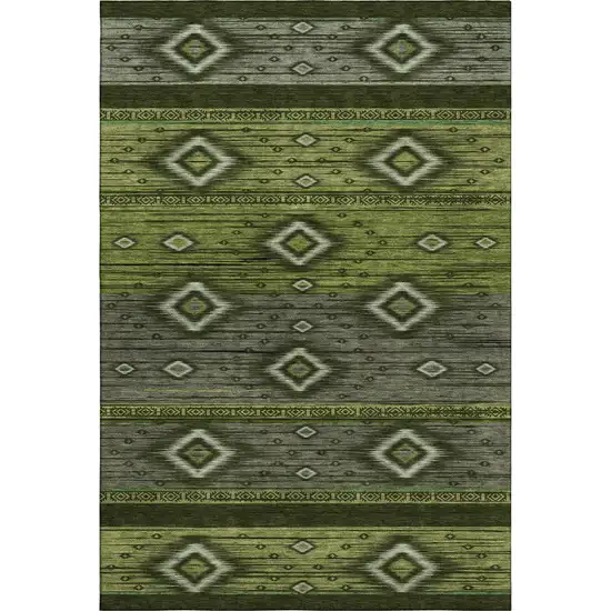 Artichoke Green And Gray Tribal Washable Area Rug With UV Protection Photo 1